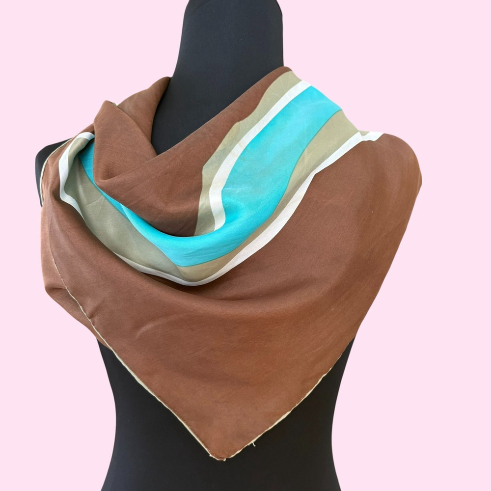Vintage Sally Gee Brown Blue Abstract Silk Blend Scarf - Picture 4 of 10